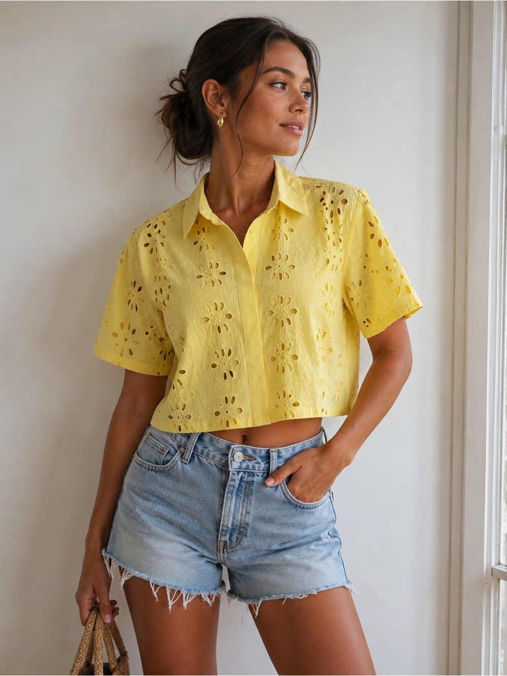 Michael Kors Yellow Eyelet Cotton Crop Shirt - Picture 3 of 8